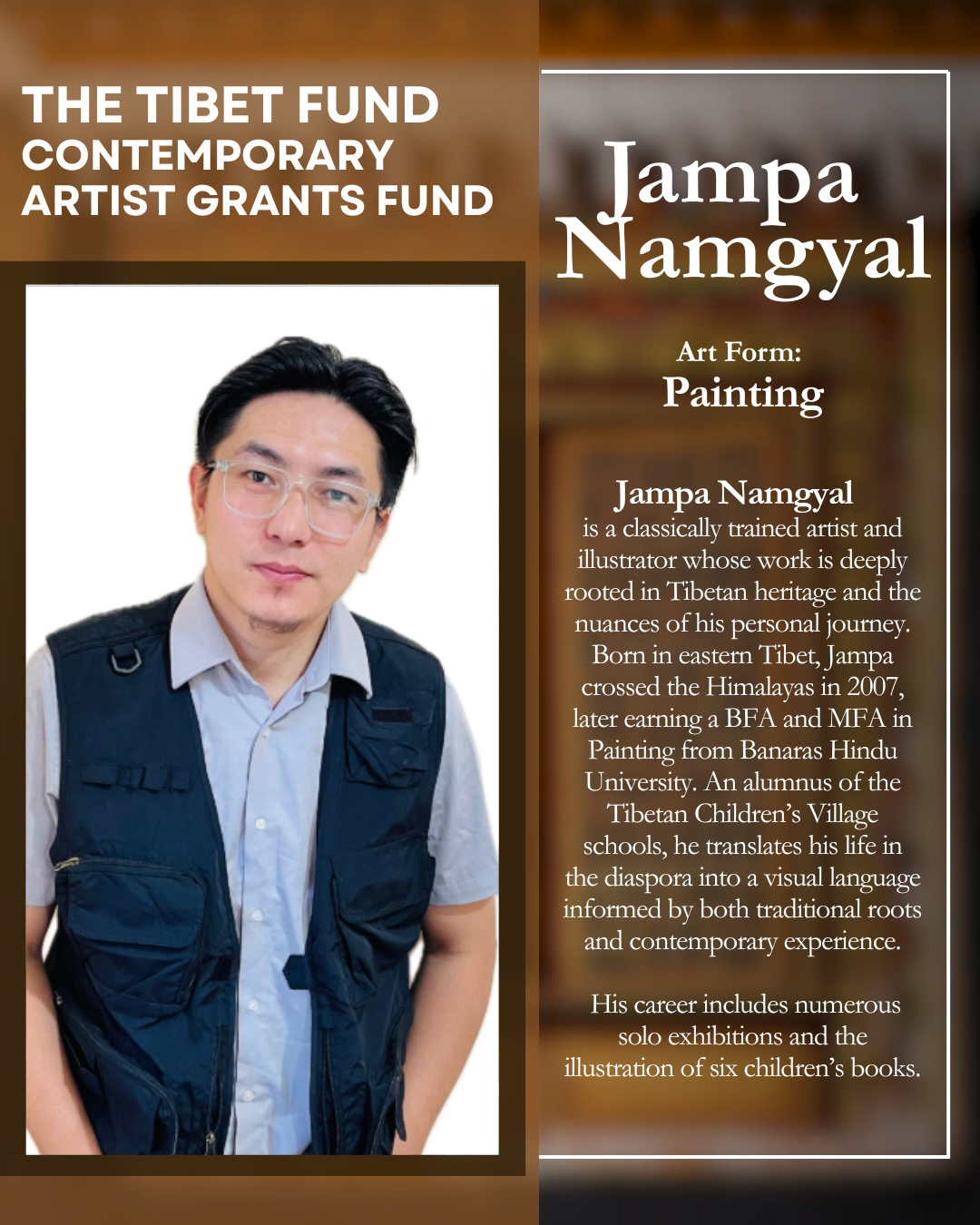 Biographical poster for Tibetan artist Jampa Namgyal; left panel shows portrait, right panel lists artist bio and painting focus under a warm, framed design.