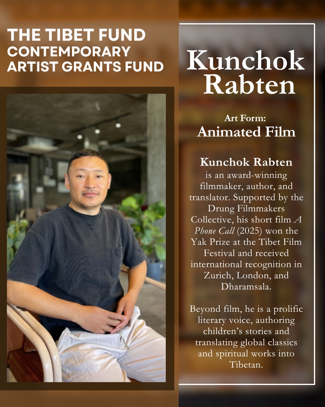 Informational poster with a man seated indoors on the left and a biography panel about Kunchok Rabten on the right.