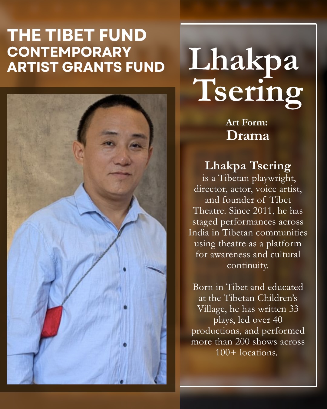 Split poster: left panel shows a man in a light blue shirt; right panel contains text about Tibetan playwright Lhakpa Tsering and his bio.