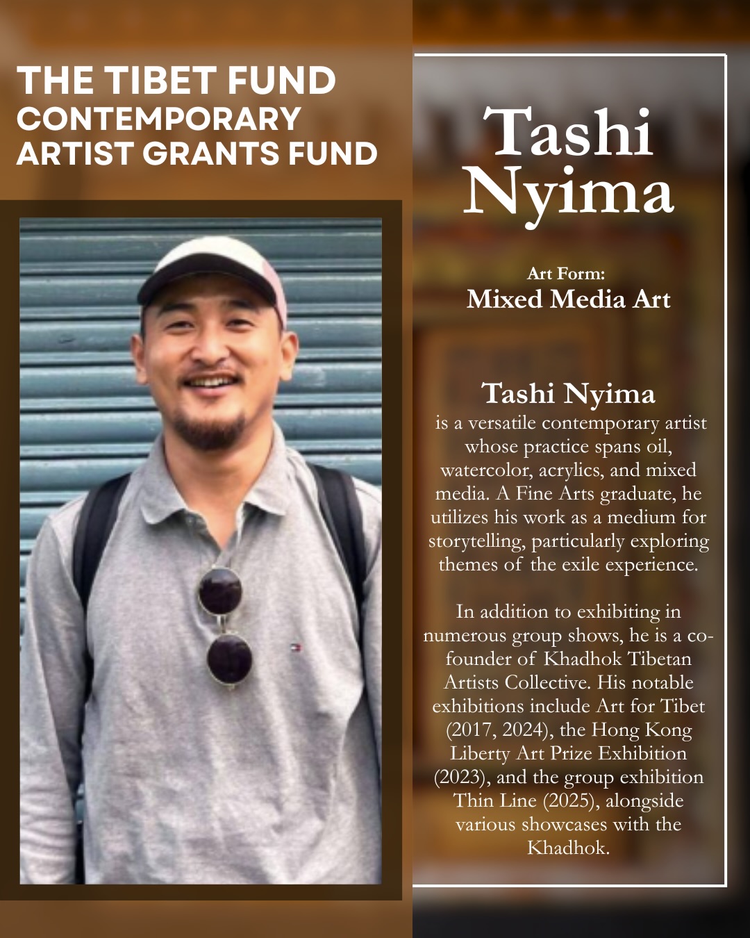 Poster for The Tibet Fund; left shows a smiling man in a gray polo and cap, right provides a bio for artist Tashi Nyima and his mixed media art.