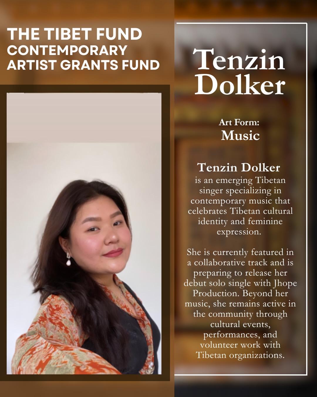 Split poster: left shows a portrait of a Tibetan woman; right panel introduces artist Tenzin Dolker and her bio text.
