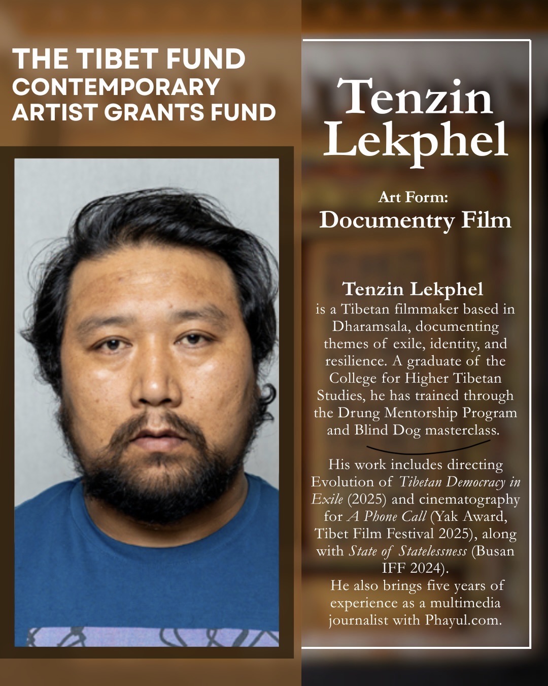 Poster about Tibetan filmmaker Tenzin Lekpel; left side shows his photo, right side features a bio and film credits.