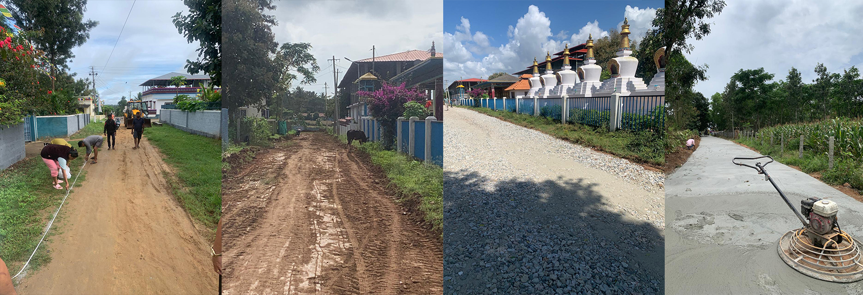 Workers stretch a line along a dirt residential street during road construction.