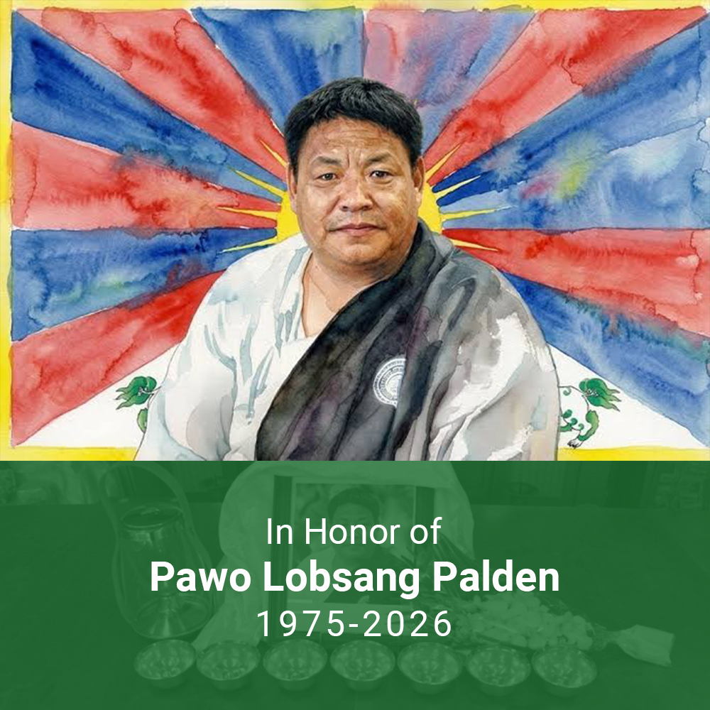 Portrait of Pawo Lobsang Palden in a robe, against a rainbow sunburst backdrop with a green tribute banner (1975–2026).](""