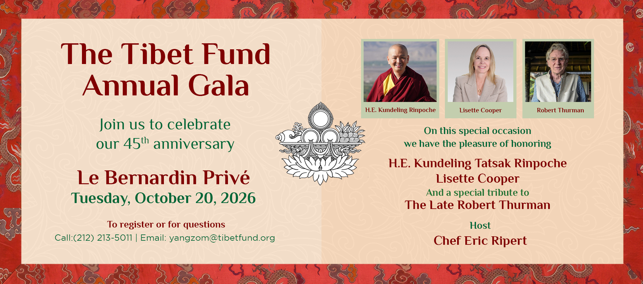 Invitation banner for The Tibet Fund Annual Gala with three honoree portraits and event details on a beige patterned background.